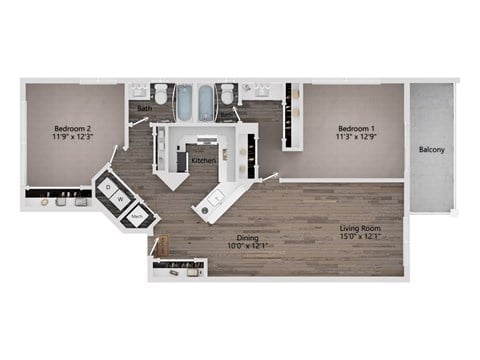 Floor plan for 2 beds, 2 baths, 1215 sqft